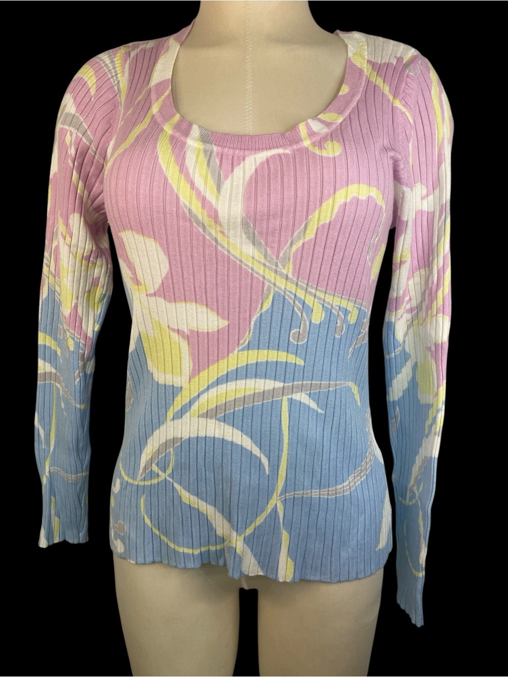 INC Ribbed Scoop Neck Floral Knit Top - Pink & Blue Women’s Large
